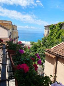 a view of the ocean from a balcony with flowers at Caterina House Nel borgo piú bello d'Italia in San Lucido