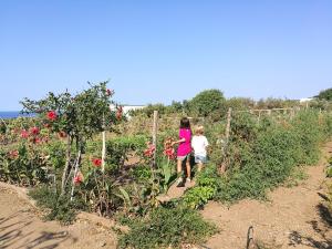 une femme et un enfant marchant dans un jardin dans l'établissement Agriturismo Hibiscus, à Ustica