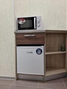 a microwave sitting on top of a refrigerator in a kitchen at Апартаменты на Соборном с видом на парк in Zaporozhye