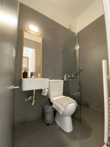 een badkamer met een toilet, een wastafel en een spiegel bij Small Gem Studio Athens, next to metro nomismatokopeio in Athene