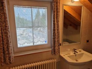 uma casa de banho com um lavatório e uma janela em Pian Schiavaneis B&b apartament em Canazei