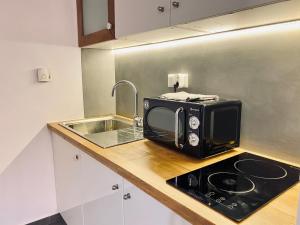 a microwave sitting on a kitchen counter next to a sink at Small Gem Studio Athens, next to metro nomismatokopeio in Athens