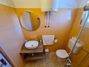uma casa de banho com um lavatório, um WC e um espelho. em Mariola em Biograd na Moru