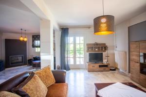 salon z kanapą i telewizorem w obiekcie Τraditional fully detached villa on a luxurious hillock of Thessaloniki with its own garden also for family & wedding gatherings for 10 to 25 people only 15 minutes from airport w Salonikach