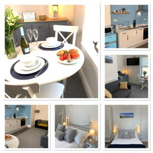 uma colagem de fotografias de uma cozinha e de uma sala de jantar em Seaspray Boutique Whitby Apartment em Whitby