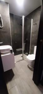 een badkamer met een toilet, een wastafel en een douche bij Taska Vila Velha in Mirandela