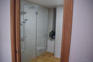 une douche avec une porte vitrée dans une salle de bain dans l'établissement Pincheiro Apartamentos Turísticos, à Pobra do Caramiñal 37 autres photos