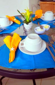 a table with a blue table cloth with a cup and a plate at Recanto Isla Pousada in Ubatuba
