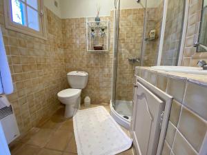 a bathroom with a toilet and a shower and a sink at Gites De La Galline in La Môle