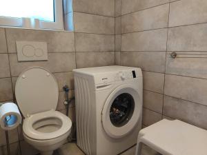 Un baño con lavadora y un inodoro. en Apartment Ana, en Izola