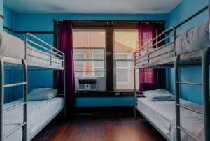 サンディエゴにあるLucky D's Youth and Traveler's Hostelの窓付きの客室で、二段ベッド2台が備わります。
