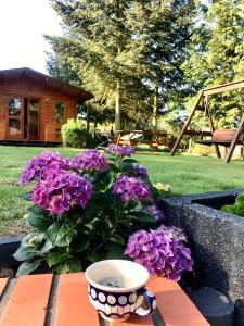 una mesa con un jarrón y flores púrpuras en un patio en Osada Laskowo, Ośrodek Laskowo domki nad jeziorem, en Laskowo