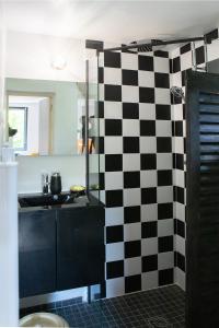 een badkamer met een geruit douchegordijn in een keuken bij Le Chat Qui Perche. Gîte pour 6 personnes. in La Haute Duquerie
