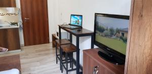 ein Wohnzimmer mit einem TV und einem Laptop auf dem Schreibtisch in der Unterkunft AD Kamzík Donovaly in Donovaly