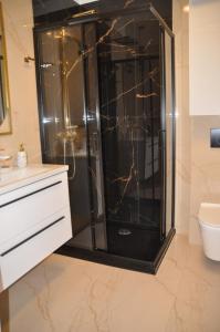 a bathroom with a shower with a black at Apartament Dorado in Mielno
