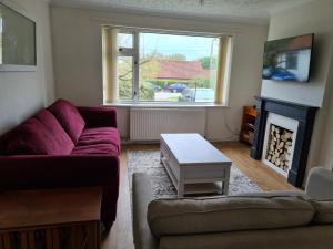 a living room with a couch and a fire place at Beach Chalet, Little Walsingham Norfolk in Little Walsingham
