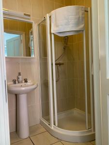 a bathroom with a shower and a sink at Coast Lodge in Spanish Point