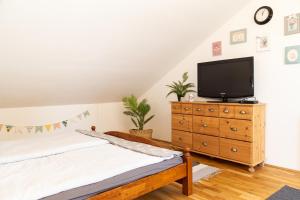 sypialnia z telewizorem na górze komody w obiekcie Vanília Apartman w Egerze