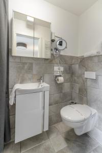 uma casa de banho com um WC, um lavatório e um espelho. em Nordsee-Pension Dagebüll em Dagebüll
