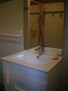 bagno con lavandino, specchio e doccia di Maison de campagne MONTCUQ en Quercy Blanc a Montcuq