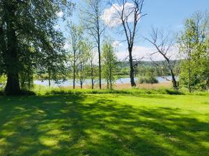 een veld van groen gras met een rivier op de achtergrond bij Kastellegården in Kungälv