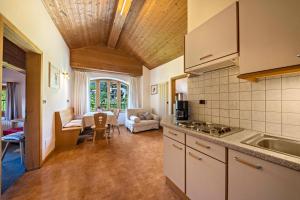 a kitchen with a sink and a living room at Baumgartnerhof Appartment Magnolie in Lagundo