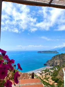 a view of the ocean from a house with flowers at La casa nel borgo in San Nicola Arcella