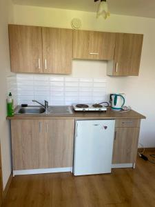 a kitchen with a sink and a white refrigerator at Domek wakacyjny in Charzykowy +16 photos