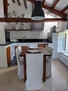 a kitchen with a wooden table with chairs and aendant light at Casa sulla roggia in Lumignacco