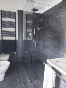 a bathroom with a shower and a toilet and a sink at Casa sulla roggia in Lumignacco