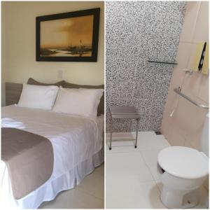 Duas fotografias de um quarto com uma cama e um WC. em Rossi Hotel em Comodoro