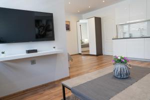 a living room with a television and a vase of flowers at Shushi's Central Studio Apartment in Plovdiv