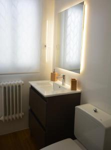 een badkamer met een wastafel, een toilet en een spiegel bij Santiago Apartment in Santiago de Compostela