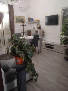 a living room with a couch and a table with a tv at A casa di Raffaella e Antonio in Surbo