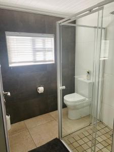 a bathroom with a toilet and a glass shower door at Impa-Lala Country Estate in Bloemfontein