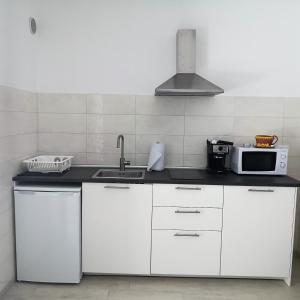 eine Küche mit einer Spüle und einer Mikrowelle in der Unterkunft Grazioso Bilocale al mare in Marcelli