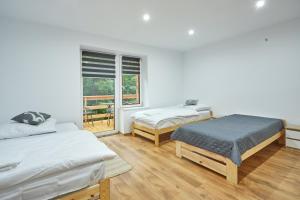 um quarto com duas camas e uma janela em Apartamenty Domek na Roztoczu em Horyniec
