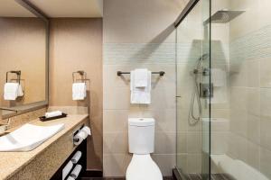 
a bathroom with a toilet, sink, and shower stall at E Central Hotel Downtown Los Angeles in Los Angeles

