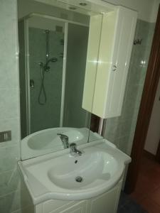 a bathroom with a white sink and a shower at Casa Rosaguta in Vescina