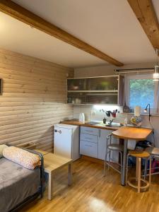 a kitchen with a bed and a table in a room at Pervalkos Dainava in Pervalka