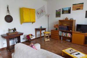 ein Wohnzimmer mit einem Sofa und einem TV in der Unterkunft L' Agave - Appartamento nel cuore del Chianti in Castelnuovo Berardenga