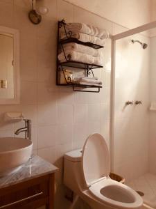 a bathroom with a toilet and a sink and towels at Posada del Virrey in Tequisquiapan