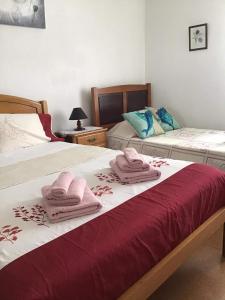 - une chambre avec 2 lits et des serviettes roses dans l'établissement Casa J Dias, à Nordeste