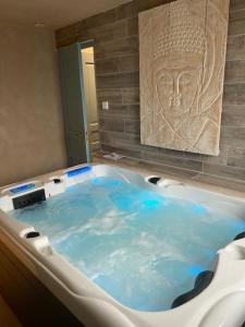 a jacuzzi tub with a head on the wall at Villa SPA Piscine : entre mer et montagne in Foissac