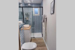 a bathroom with a toilet and a glass shower at La Petite Maison Des Marais in Bourgneuf-en-Retz +19 photos