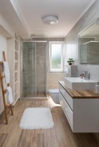 uma casa de banho com um chuveiro, um WC e um lavatório. em Villa Dalma em Čilipi