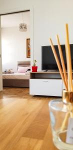 ein Wohnzimmer mit einem Bett und einem TV in der Unterkunft City Center Cute and Comfy Apartment - Ajia Apartments in Tirana