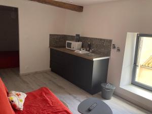 a kitchen with a sink and a counter with a microwave at Bel Air 1 in Fougeré