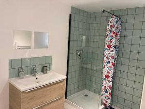 a bathroom with a sink and a shower with a shower curtain at Bel Air 1 in Fougeré