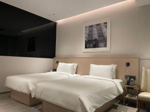 1 dormitorio con 2 camas y una foto en la pared en Aerotel Beijing Daxing International Airport, en Beijing